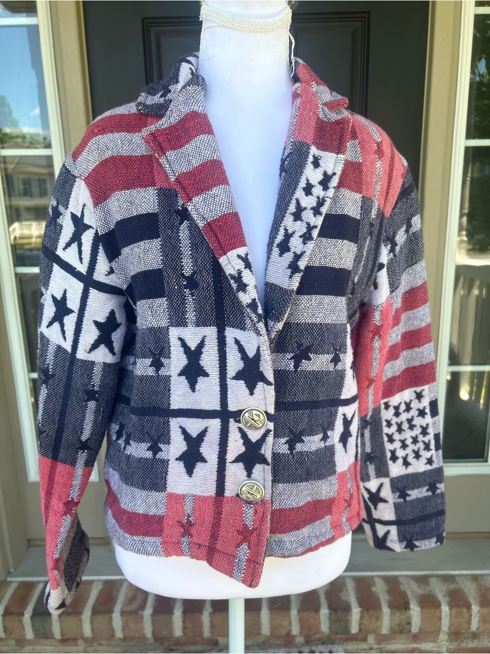 Vintage Patriotic Stars Stripes Americana woven cotton tapestry blanket jacket S